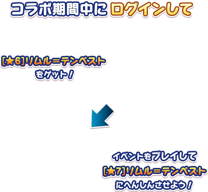 コラボ期間中にログインして [★6]リムル＝テンペスト をゲット！ イベントをプレイして[★7]リムル＝テンペストにへんしんさせよう！ 